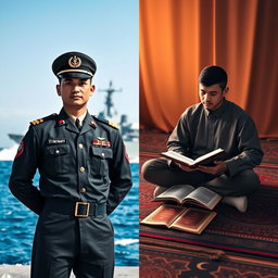 A striking split cover design showcasing two distinct images: on the left, a TNI Navy soldier dressed in full combat uniform, standing confidently with a backdrop of a naval vessel slicing through the ocean waves under a bright blue sky