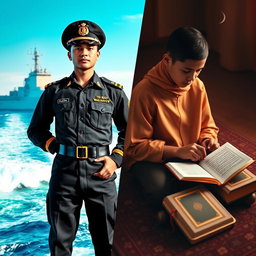 A striking split cover design showcasing two distinct images: on the left, a TNI Navy soldier dressed in full combat uniform, standing confidently with a backdrop of a naval vessel slicing through the ocean waves under a bright blue sky