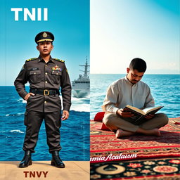A striking split cover design showcasing two distinct images: on the left, a TNI Navy soldier dressed in full combat uniform, standing confidently with a backdrop of a naval vessel slicing through the ocean waves under a bright blue sky
