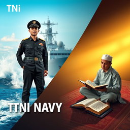 An impactful split cover design depicting two distinct themes: on the left, a TNI Navy soldier in full military attire, standing with confidence and pride