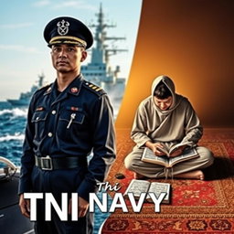 An impactful split cover design depicting two distinct themes: on the left, a TNI Navy soldier in full military attire, standing with confidence and pride