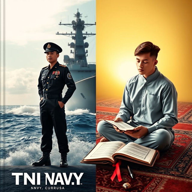 An impactful split cover design depicting two distinct themes: on the left, a TNI Navy soldier in full military attire, standing with confidence and pride