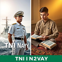 An impactful split cover design depicting two distinct themes: on the left, a TNI Navy soldier in full military attire, standing with confidence and pride