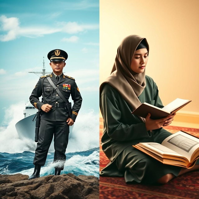 A captivating split cover design showcasing two distinct visuals: on the left, a TNI Navy soldier dressed in full military uniform, standing resolutely with a proud stance, against a backdrop of a naval ship navigating through powerful waves under a clear blue sky