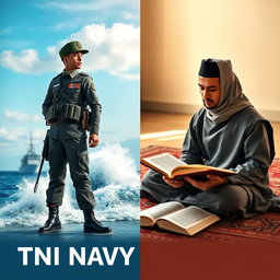 A captivating split cover design showcasing two distinct visuals: on the left, a TNI Navy soldier dressed in full military uniform, standing resolutely with a proud stance, against a backdrop of a naval ship navigating through powerful waves under a clear blue sky