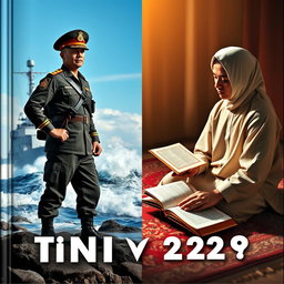 A captivating split cover design showcasing two distinct visuals: on the left, a TNI Navy soldier dressed in full military uniform, standing resolutely with a proud stance, against a backdrop of a naval ship navigating through powerful waves under a clear blue sky