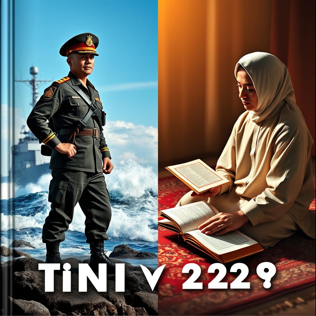 A captivating split cover design showcasing two distinct visuals: on the left, a TNI Navy soldier dressed in full military uniform, standing resolutely with a proud stance, against a backdrop of a naval ship navigating through powerful waves under a clear blue sky