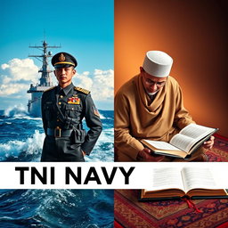 A captivating split cover design showcasing two distinct visuals: on the left, a TNI Navy soldier dressed in full military uniform, standing resolutely with a proud stance, against a backdrop of a naval ship navigating through powerful waves under a clear blue sky