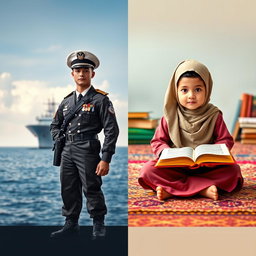 An engaging split cover design featuring two distinct visuals: on the left, a Navy soldier in full military uniform standing proud and alert with a dramatic backdrop of a naval ship and a vast ocean under a clear sky, embodying strength and valor