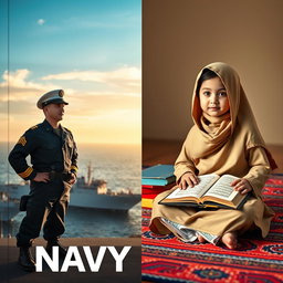 An engaging split cover design featuring two distinct visuals: on the left, a Navy soldier in full military uniform standing proud and alert with a dramatic backdrop of a naval ship and a vast ocean under a clear sky, embodying strength and valor