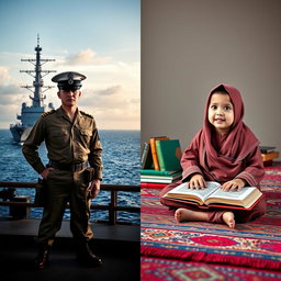 An engaging split cover design featuring two distinct visuals: on the left, a Navy soldier in full military uniform standing proud and alert with a dramatic backdrop of a naval ship and a vast ocean under a clear sky, embodying strength and valor