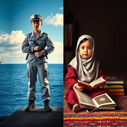 An engaging split cover design featuring two distinct visuals: on the left, a Navy soldier in full military uniform standing proud and alert with a dramatic backdrop of a naval ship and a vast ocean under a clear sky, embodying strength and valor