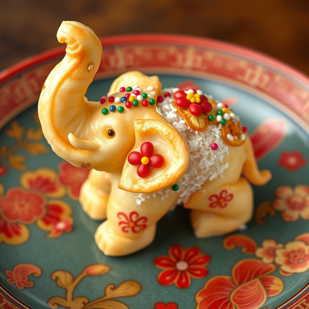 A beautifully designed fusion dessert that combines elements of traditional Chinese pastries and a Thai elephant motif