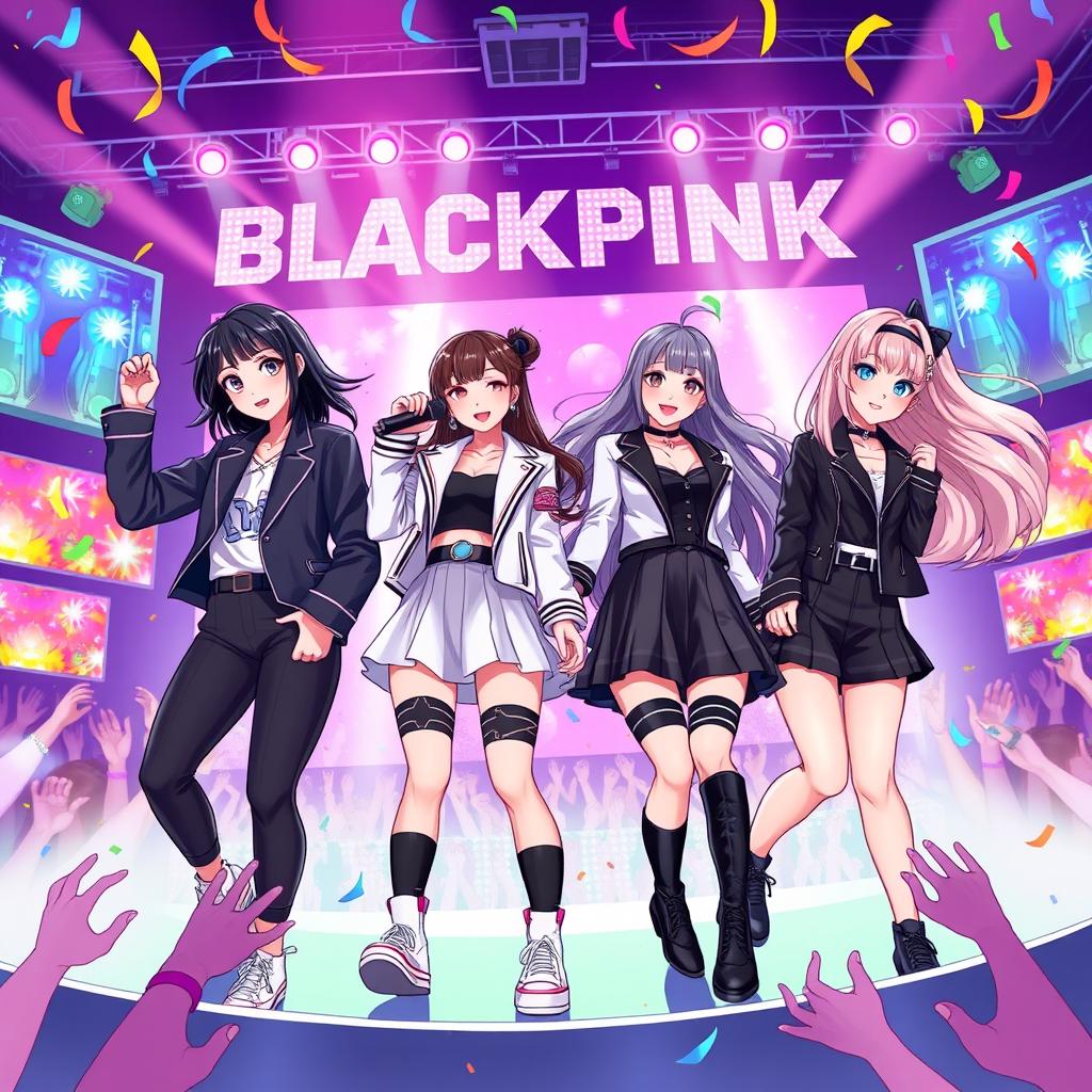 A vibrant and energetic illustration featuring the members of Blackpink, dressed in stylish K-Pop outfits, surrounded by a dynamic stage with colorful lights and fans cheering