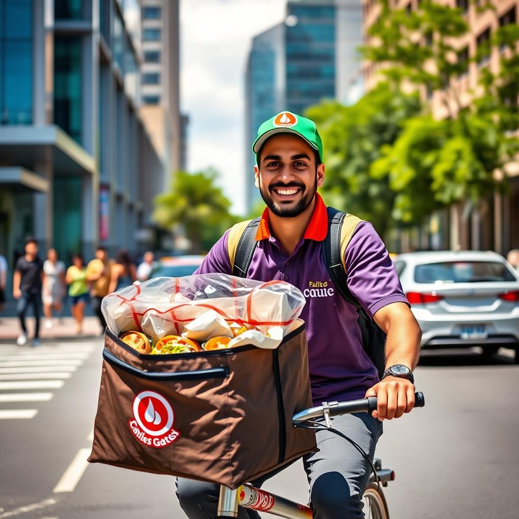 A friendly food delivery person named Amir, wearing a colorful uniform with a company logo, is riding a bicycle through a bustling city street