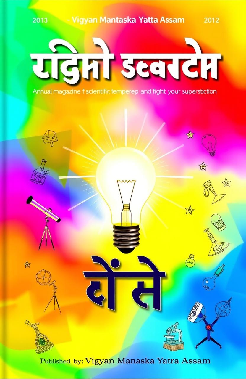 A captivating book cover for an annual magazine titled 'আলোক সন্ধান' (meaning 'Light Search') published by 'Vigyan Manaska Yatra Assam'