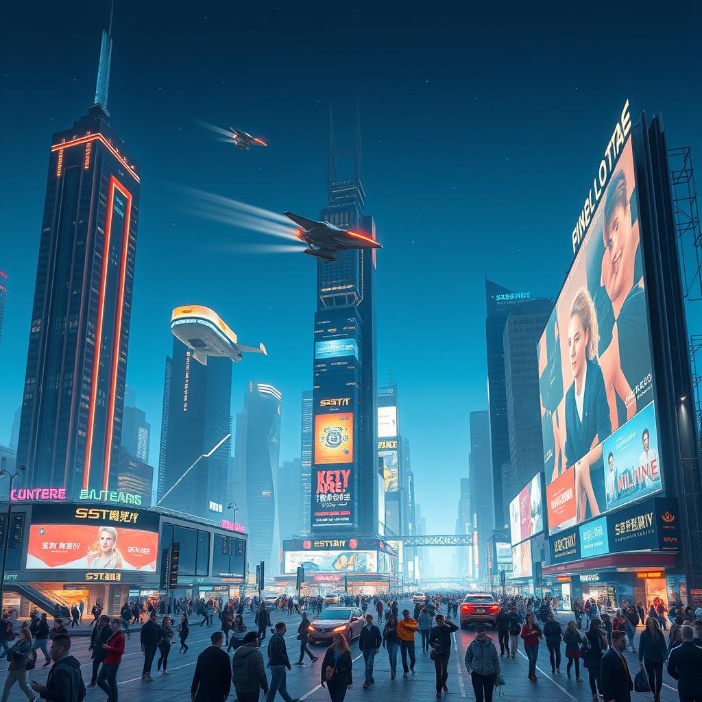 An expansive futuristic cityscape at night with towering skyscrapers illuminated by neon lights, flying cars zipping through the air, and bustling streets filled with people in stylish, high-tech attire
