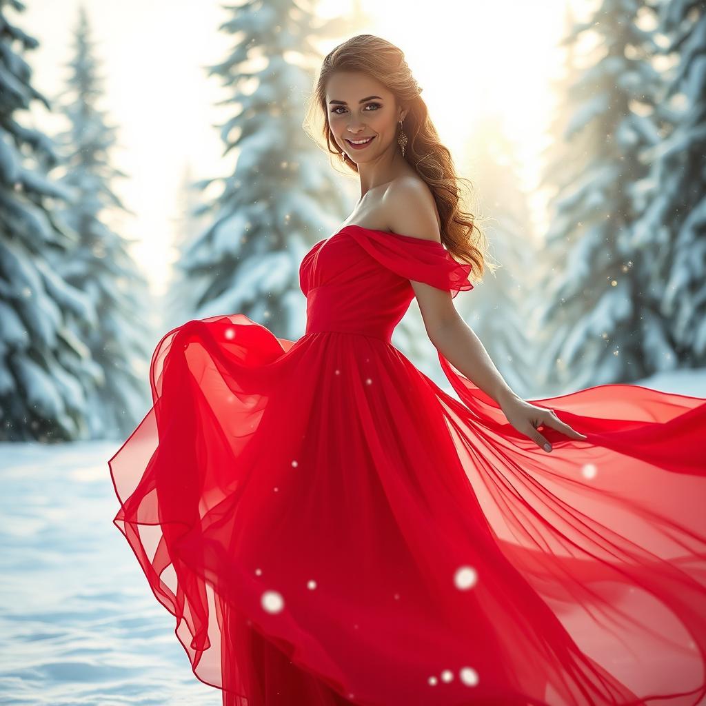 A stunning winter scene featuring a lady gracefully standing in a snowy landscape, wearing a beautiful flowing red dress that contrasts vividly with the white snow