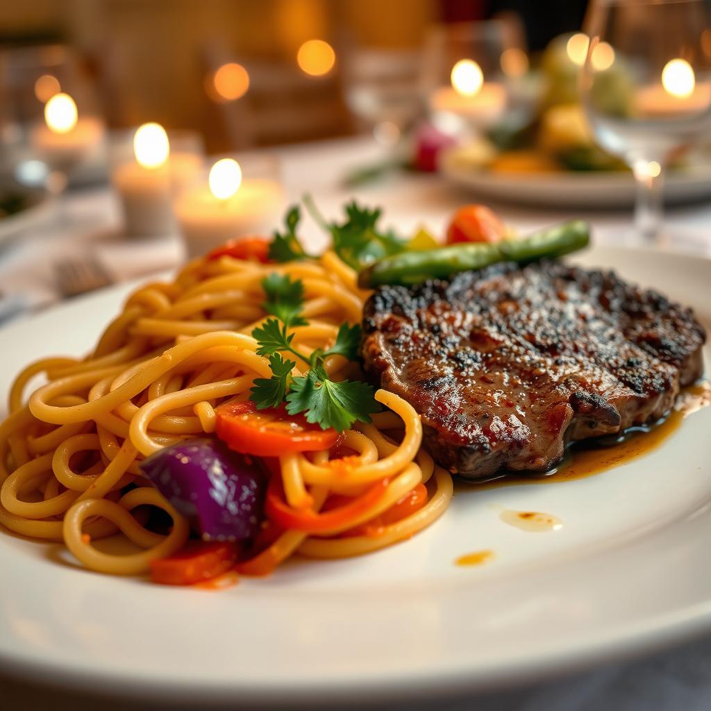A close-up photo of a gourmet dish served on a white plate, showcasing vibrant colors