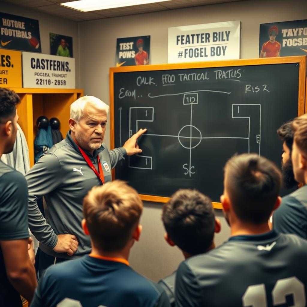 An intense football coach passionately explains a tactical plan to a group of players gathered around a blackboard