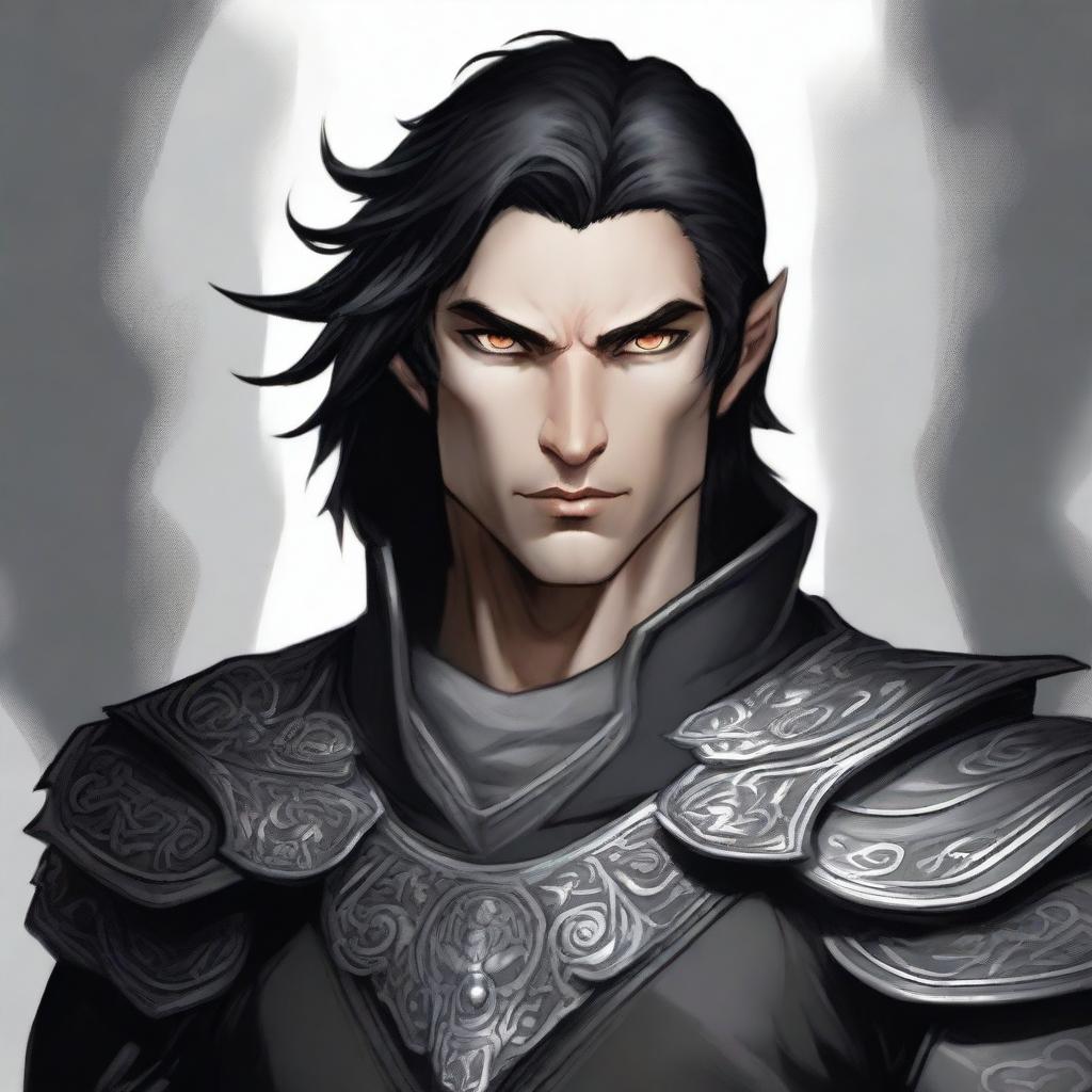 A concept art image of a male dhampir with striking grey eyes and jet black hair