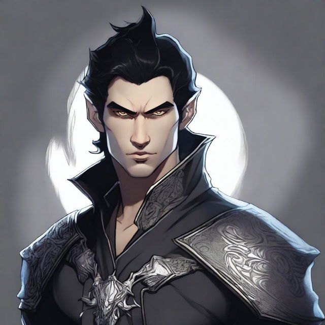 A concept art image of a male dhampir with striking grey eyes and jet black hair