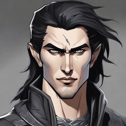 A concept art image of a male dhampir with striking grey eyes and jet black hair