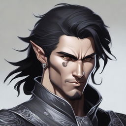 A concept art image of a male dhampir with striking grey eyes and jet black hair