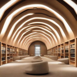 A spacious, grand library filled with rows of sound-proof pods. These pods are sleek, futuristic, and subtly illuminated, inviting silent reading or study sessions.