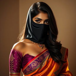 An alluring depiction of a hot Indian woman elegantly dressed in a traditional saree, combined with a stylish balaclava mask that creates an intriguing aesthetic