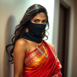 An alluring depiction of a hot Indian woman elegantly dressed in a traditional saree, combined with a stylish balaclava mask that creates an intriguing aesthetic