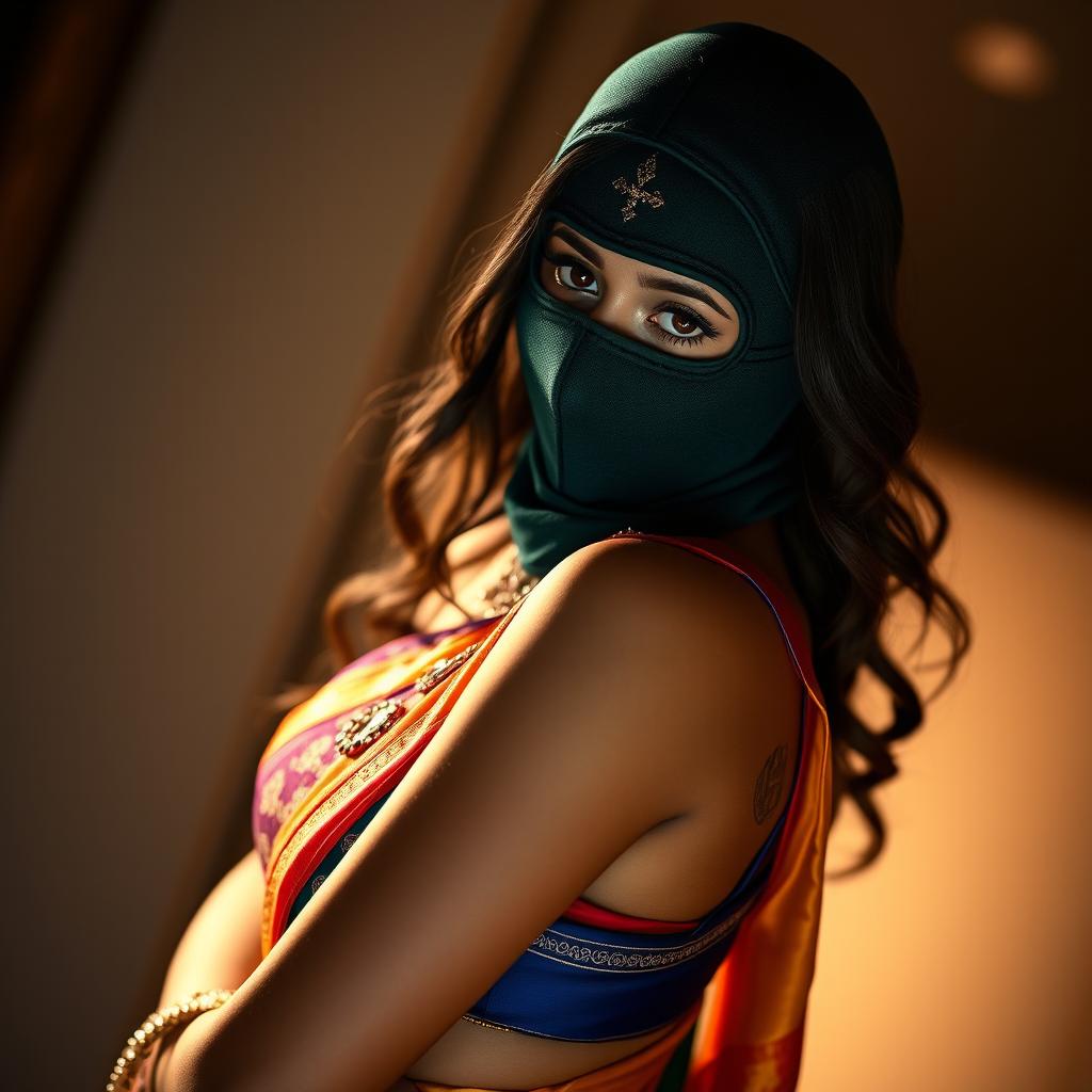 An alluring depiction of a hot Indian woman elegantly dressed in a traditional saree, combined with a stylish balaclava mask that creates an intriguing aesthetic