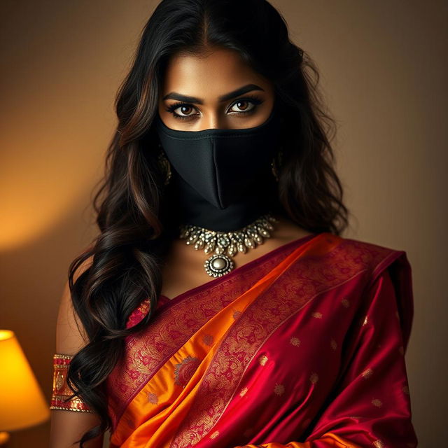 An alluring depiction of a hot Indian woman elegantly dressed in a traditional saree, combined with a stylish balaclava mask that creates an intriguing aesthetic