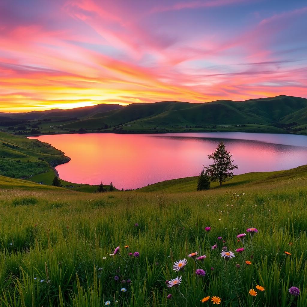Breathtaking Sunset Over Serene Lakes and Rolling Hills