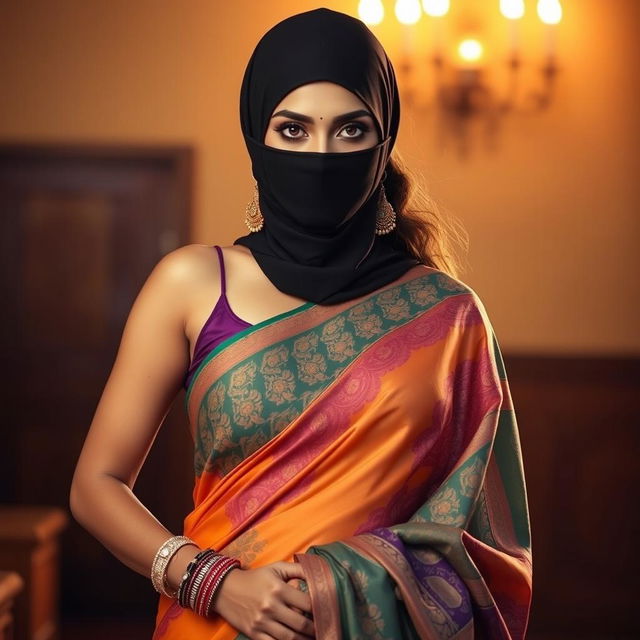 A hot Indian woman wearing a stunning saree, featuring vibrant colors and intricate designs that flow gracefully as she stands