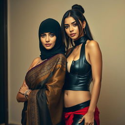 A hot Indian woman wearing a beautifully designed saree, featuring rich fabrics and intricate patterns, standing confidently with elegance