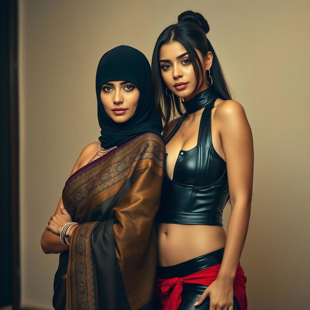 A hot Indian woman wearing a beautifully designed saree, featuring rich fabrics and intricate patterns, standing confidently with elegance