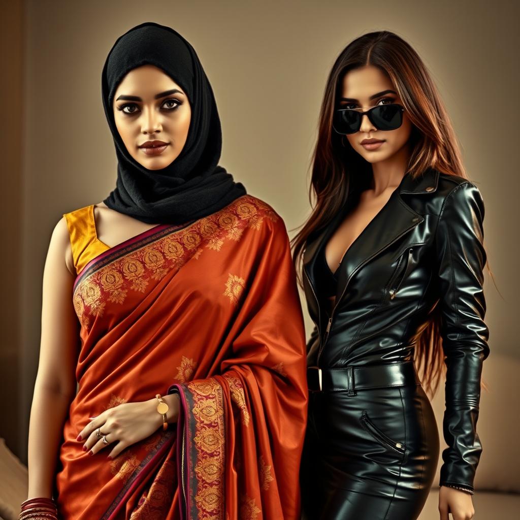 A hot Indian woman wearing a beautifully designed saree, featuring rich fabrics and intricate patterns, standing confidently with elegance