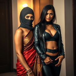 A hot Indian woman wearing a beautifully designed saree, featuring rich fabrics and intricate patterns, standing confidently with elegance