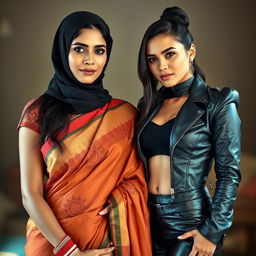 A hot Indian woman wearing a beautifully designed saree, featuring rich fabrics and intricate patterns, standing confidently with elegance