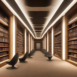 A spacious, grand library filled with rows of sound-proof pods. These pods are sleek, futuristic, and subtly illuminated, inviting silent reading or study sessions.