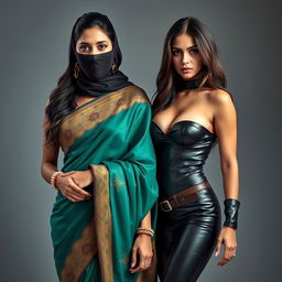 A hot Indian woman wearing a beautifully designed saree, featuring rich fabrics and intricate patterns, standing confidently with an alluring pose