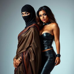 A hot Indian woman wearing a beautifully designed saree, featuring rich fabrics and intricate patterns, standing confidently with an alluring pose