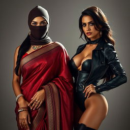 A hot Indian woman wearing a beautifully designed saree, featuring rich fabrics and intricate patterns, standing confidently with an alluring pose