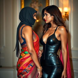 A hot Indian woman in an exquisite saree, adorned with vibrant colors and intricate designs, stands seductively with her face partially concealed by a stylish balaclava, adding a hint of mystery