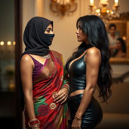 A hot Indian woman in an exquisite saree, adorned with vibrant colors and intricate designs, stands seductively with her face partially concealed by a stylish balaclava, adding a hint of mystery