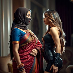 A hot Indian woman in an exquisite saree, adorned with vibrant colors and intricate designs, stands seductively with her face partially concealed by a stylish balaclava, adding a hint of mystery