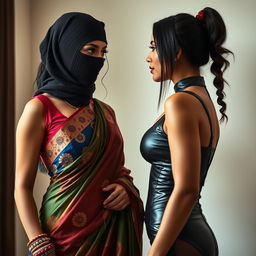 A hot Indian woman, stunningly dressed in a colorful saree with intricate designs, stands confidently while her face is partially hidden by a stylish balaclava, adding an element of intrigue