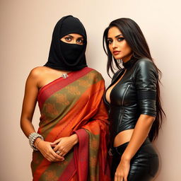 A hot Indian woman, stunningly dressed in a colorful saree with intricate designs, stands confidently while her face is partially hidden by a stylish balaclava, adding an element of intrigue
