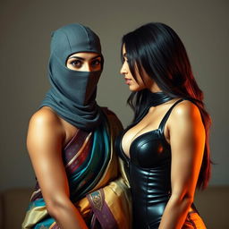A hot Indian woman, stunningly dressed in a colorful saree with intricate designs, stands confidently while her face is partially hidden by a stylish balaclava, adding an element of intrigue